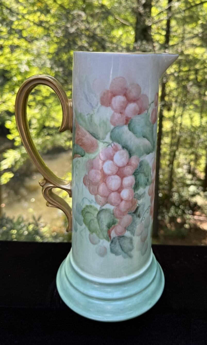 Large Limoges Hand Painted Pitcher Tankard Vase Grape Design Signed 13” Tall EUC